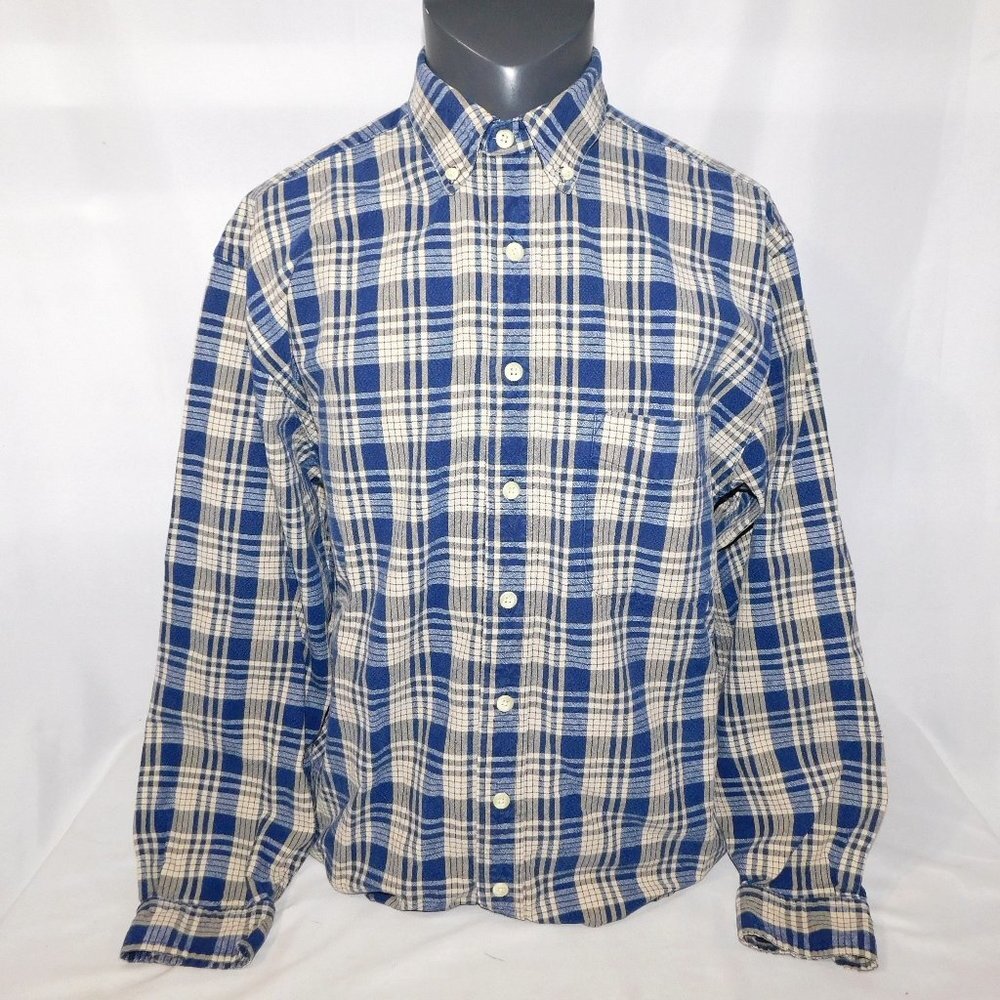 Eddie Bauer L Tall LT Ultralong Blue Cream Plaid Long Sleeve Button Front shirt - Picture 1 of 9
